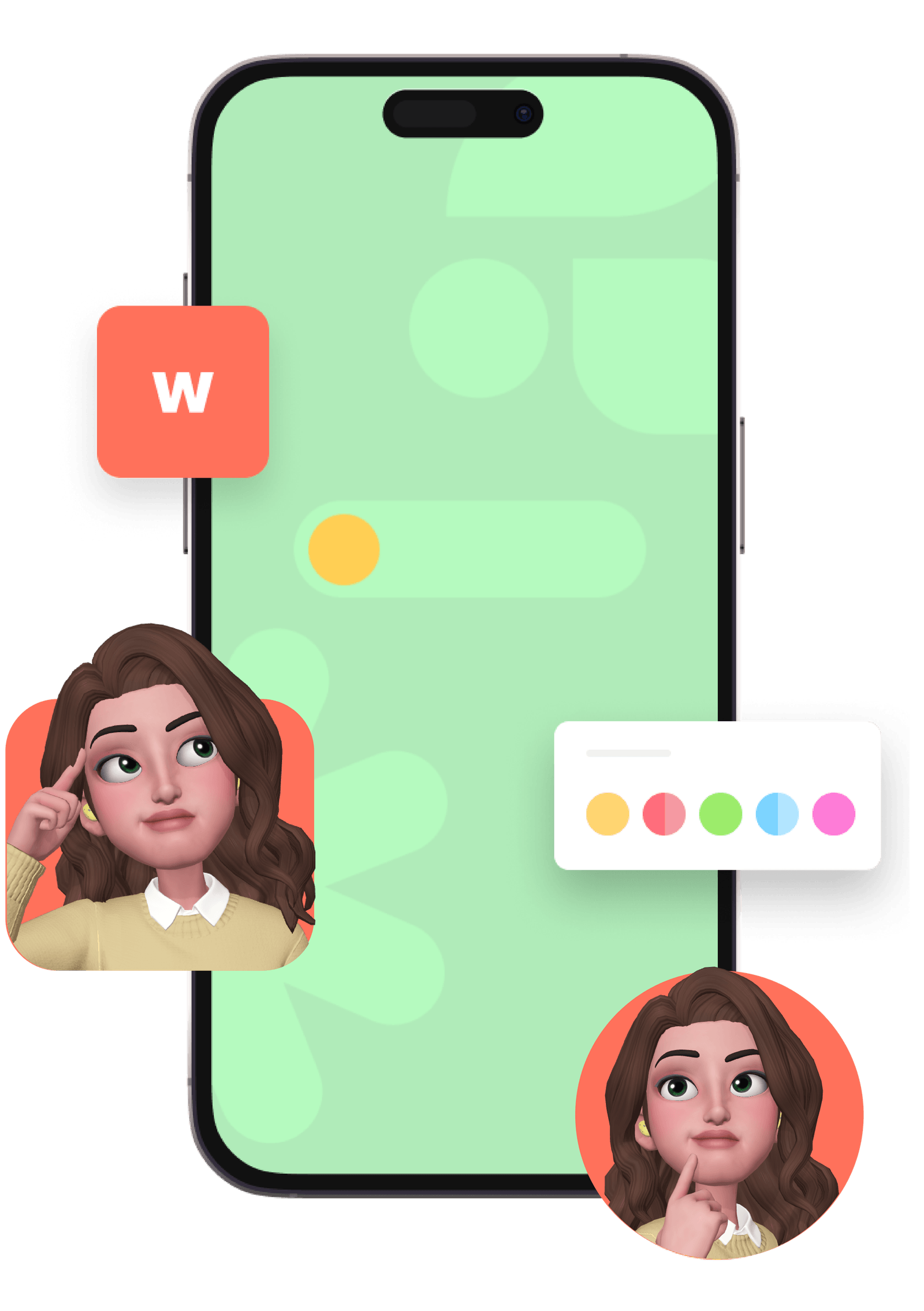 Illustration of a phone with Stefania Bogdan's avatars